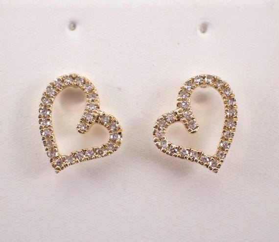 Yellow Gold Diamond Heart Earrings - Petite Open Screwback Studs - Dainty Birthday Fine Jewelry Gift