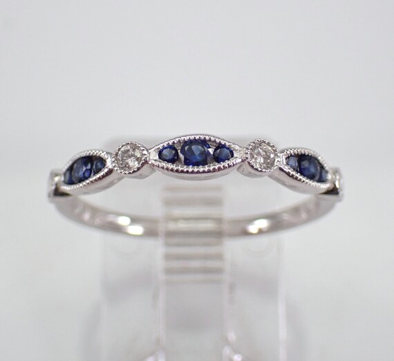 18K White Gold Sapphire Wedding Ring - Dainty Diamond Bridal Setting - Half Eternity Anniversary Band - September Gemstone Gift