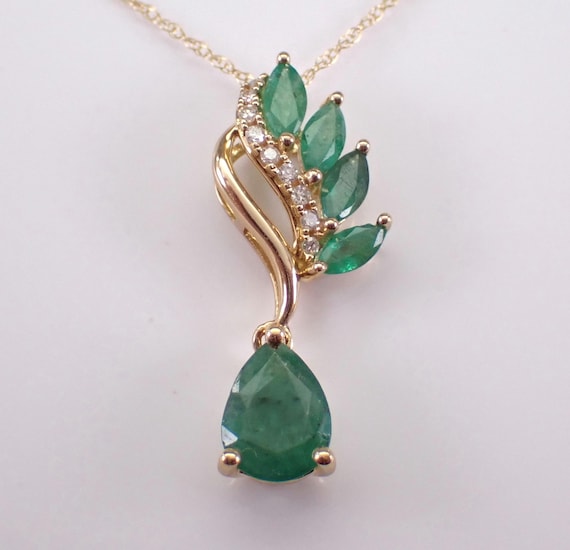 Yellow Gold Emerald and Diamond Pendant, Gemstone Teardrop Necklace and Chain, May Birthstone Jewelry Gift