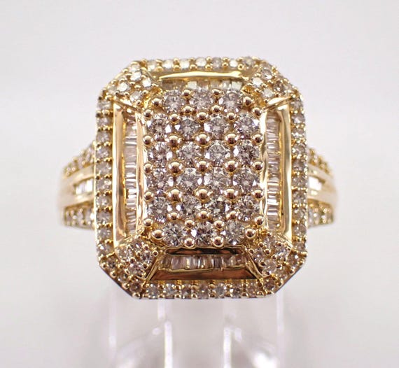 Yellow Gold Diamond Cluster Ring - Large Rectangular Halo Cocktail Band, Unique Anniversary Fine Jewelry Gift
