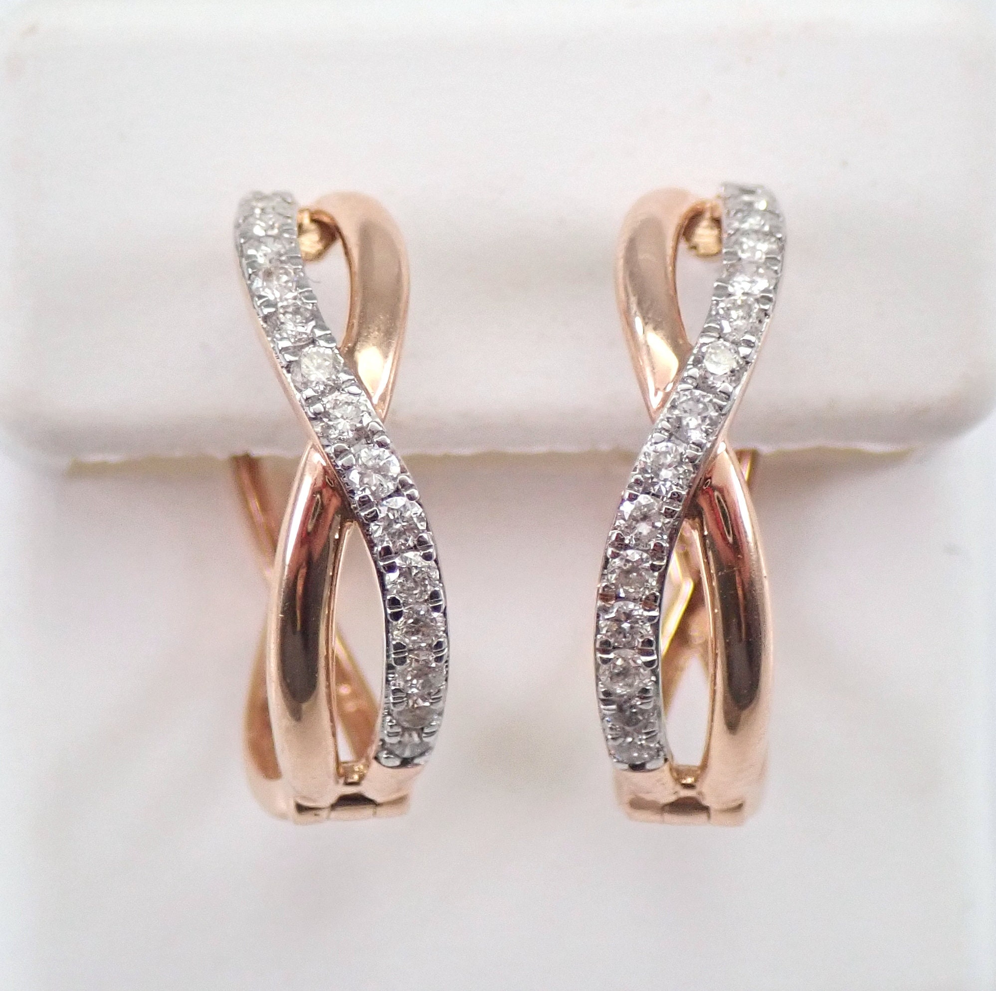 14K Rose Gold Diamond Hoop Earrings Diamond Hoops Huggies Gift Modern ...