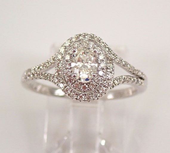 14K White Gold Diamond Engagement Ring - Oval Halo Bridal Promise Jewelry - GalaxyGems Unique Gift