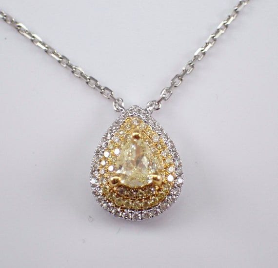 Teardrop Canary Diamond Necklace - 14K White Gold Station Pendant and Chain - Unique Bridal Fine Jewelry Gift