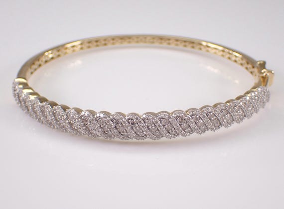 14K Yellow Gold Diamond Bangle Bracelet, Unique Stackable Statement Cuff, Bridal Fine Jewelry Gift
