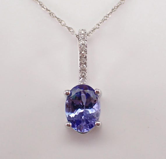 14K White Gold Tanzanite Necklace - Dainty Diamond Drop Pendant and Chain - Gemstone Choker Charm Jewelry Gift