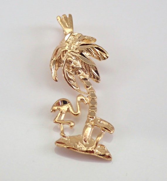 Vintage 14K Yellow Gold Palm Tree Charm, Flamingo Estate Pendant for Necklace or Bracelet