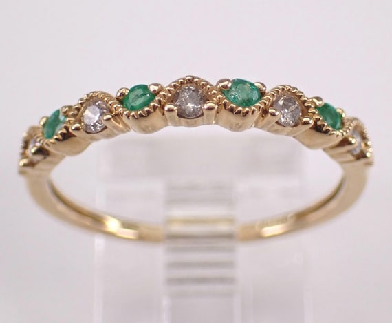 Yellow Gold Emerald and Diamond Wedding Ring: Stackable Dainty Anniversary Band - Gemstone Bridal Fine Jewelry Gift
