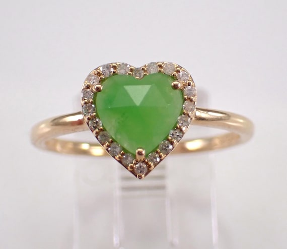 14K Yellow Gold Heart Jade and Diamond Ring - Unique Engagement Promise Gift -  Dainty Gemstone Jewelry
