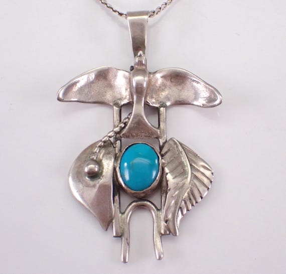 Vintage Sterling Silver Turquoise Necklace - Unique Native American Pendant and Chain - Estate Gemstone Bird Jewelry Gift