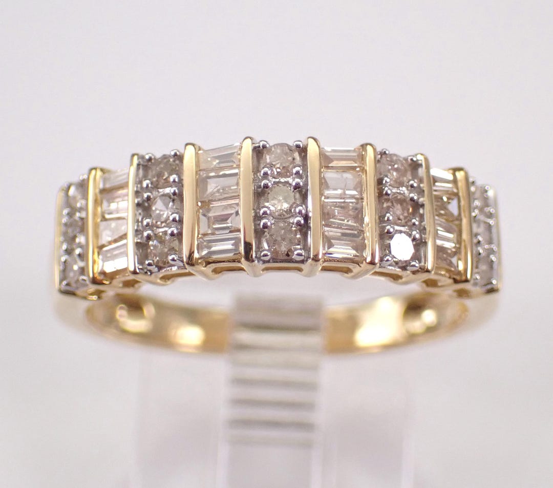Round and Baguette Diamond Wedding Ring - 14K Yellow Gold Anniversary ...
