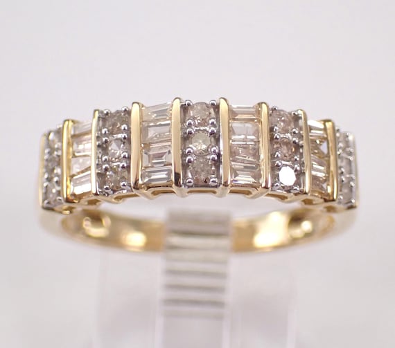 Round and Baguette Diamond Wedding Ring - 14K Yellow Gold Anniversary Band