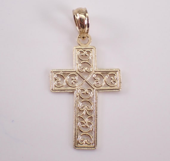 Vintage 14K Yellow Gold Filigree Cross Pendant - Religious Estate Charm for Necklace or Bracelet