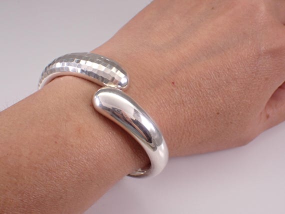 Sterling Silver Bypass Bangle Bracelet - Vintage Chunky Jewelry Statement Cuff