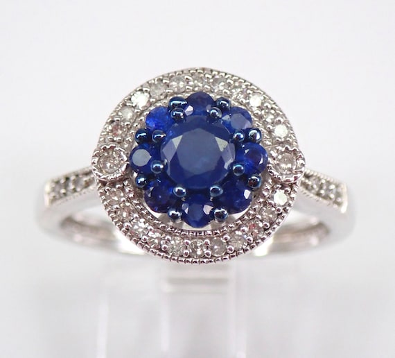 Sapphire and Diamond Cluster Ring - Solid White Gold Halo Engagement Ring - September Birthstone Jewelry Gift