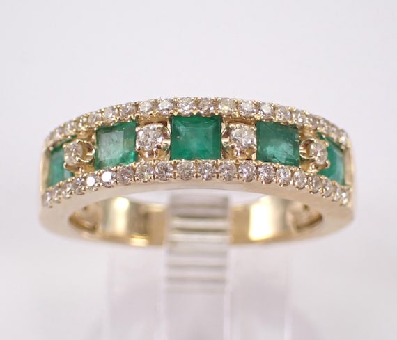 14K Yellow Gold Emerald and Diamond Wedding Ring: Princess Cut Gemstone Anniversary Band