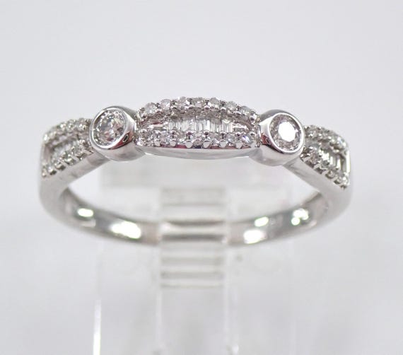 14K White Gold Diamond Wedding Ring - Stacking Baguette and Round Anniversary Band - GalaxyGems Bridal Fine Jewelry Gift