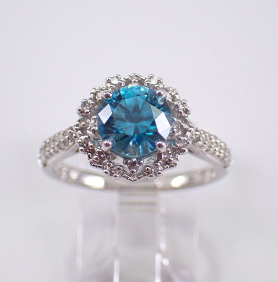 Blue Zircon and Diamond Engagement Ring - 14K White Gold Teal Gemstone Snowflake Ring - Unique Sparkly Fine Jewelry Gift