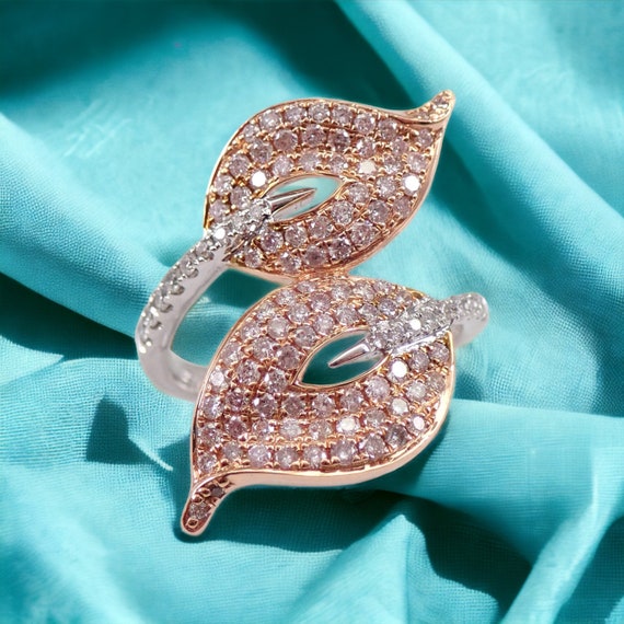 14K Rose and White Pink Diamond Crossover Ring, Nature Inspired Bypass Cluster Band, GalaxyGems Fine Jewelry Gifts