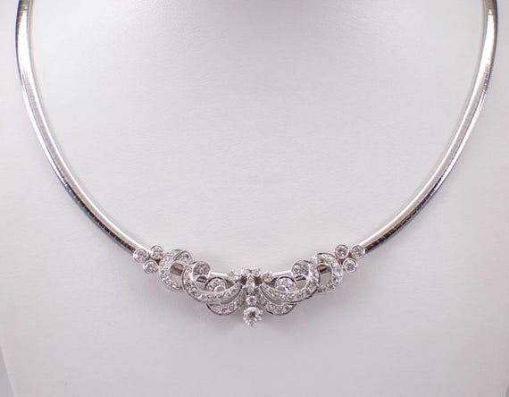 Vintage 14K White Gold Diamond Omega Necklace - Large Station Slide Charm Pendant - Unique Estate Fine Jewelry Gift