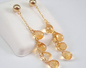 14K Yellow Gold Citrine Earrings, Dainty Briolette Dangle Setting, November Gemstone Birthstone Jewelry Gift