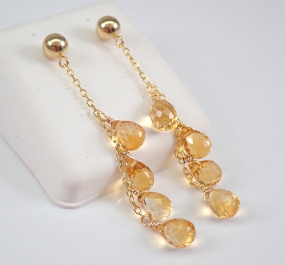 14K Yellow Gold Citrine Earrings, Dainty Briolette Dangle Setting, November Gemstone Birthstone Jewelry Gift