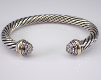 Vintage DAVID YURMAN Bangle Bracelet - Estate 18K Yellow Gold and Sterling Silver Diamond Cuff - Classics Braided Cable