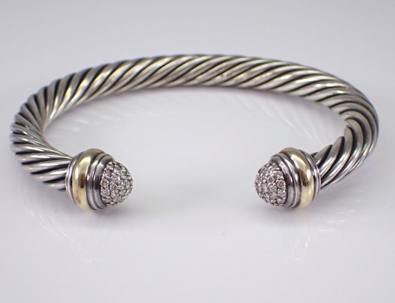 Vintage DAVID YURMAN Bangle Bracelet - Estate 18K Yellow Gold and Sterling Silver Diamond Cuff - Classics Braided Cable