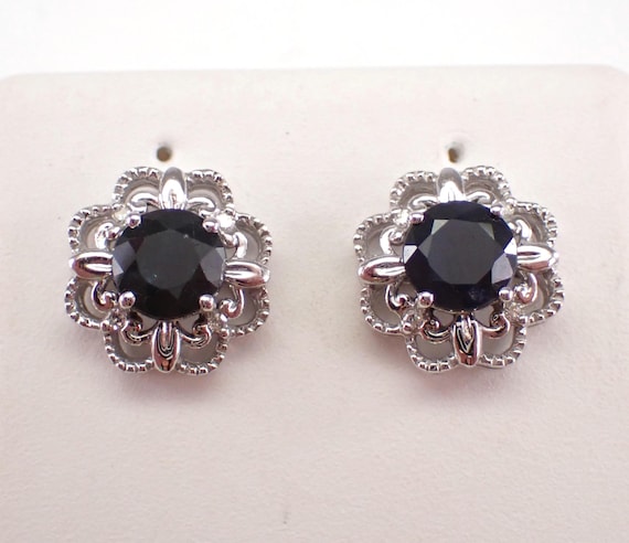 Sapphire and Diamond Stud Earrings - White Gold Dainty Flower Setting - September Birthstone Fine Jewelry Gift