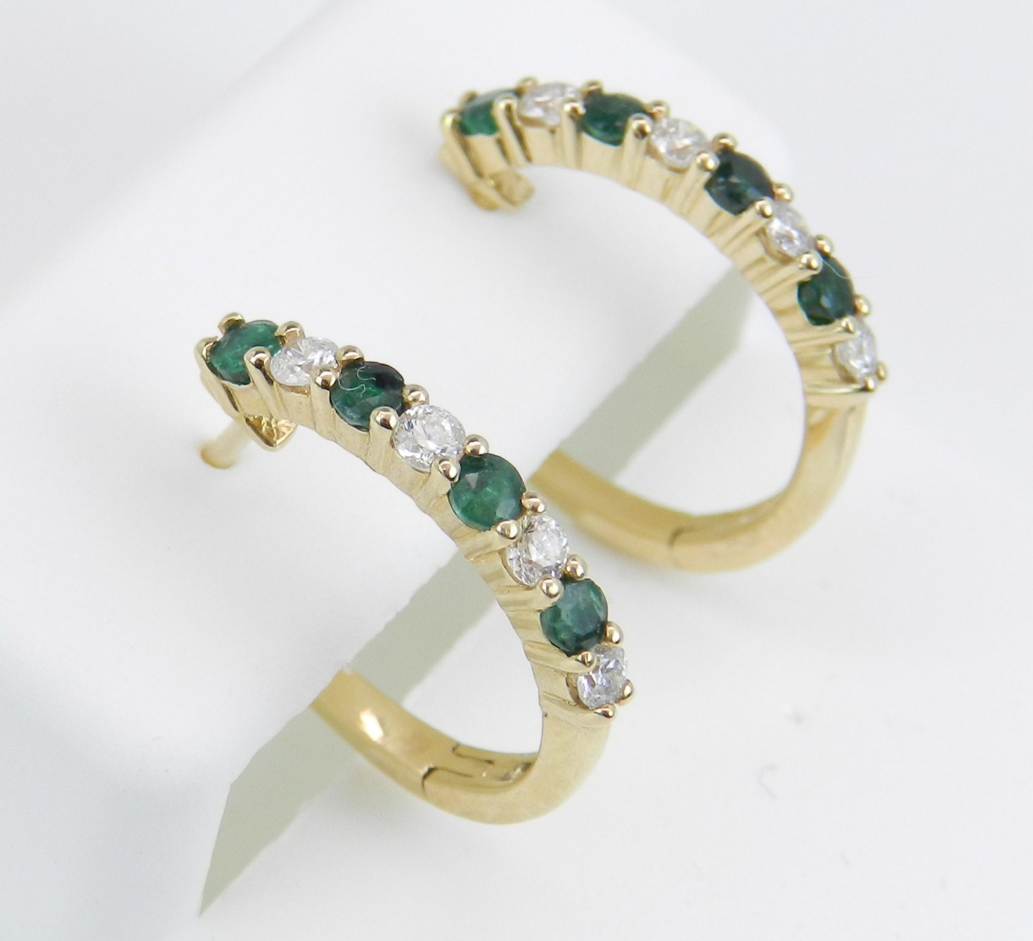 Diamond And Emerald Hoop Earrings 14k Yellow Gold Hoops Wedding