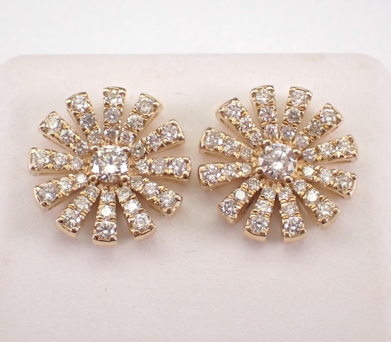 14K Yellow Gold Diamond Stud Earrings: Unique Snowflake Flower Cluster Studs