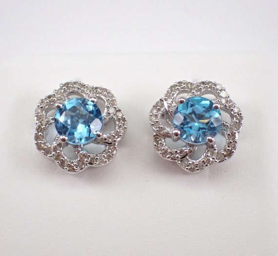 Genuine Blue Topaz Flower Earrings, White Gold Diamond and Gemstone Studs, December Birthstone Floral Jewelry for Women