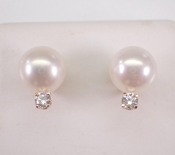 14K Yellow Gold Pearl and Diamond Stud Earrings, June Birthday Wedding Studs