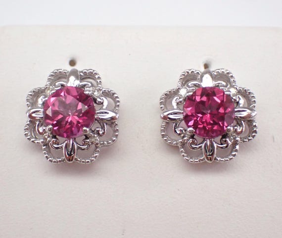 White Gold Pink Topaz Stud Earrings - Dainty Diamond Halo Flower Studs