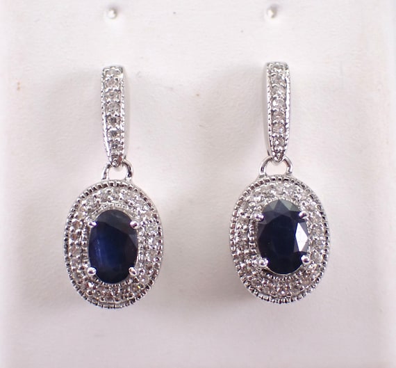 14K White Gold Sapphire Earrings - Diamond Halo Dangle Setting - September Gemstone Fine Jewelry Gift