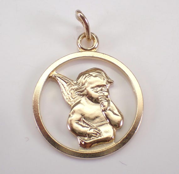 Vintage 14K Yellow Gold Angel Charm - Unique Dainty Small Circle Pendant for Necklace or Bracelet - Religious Jewelry Gift