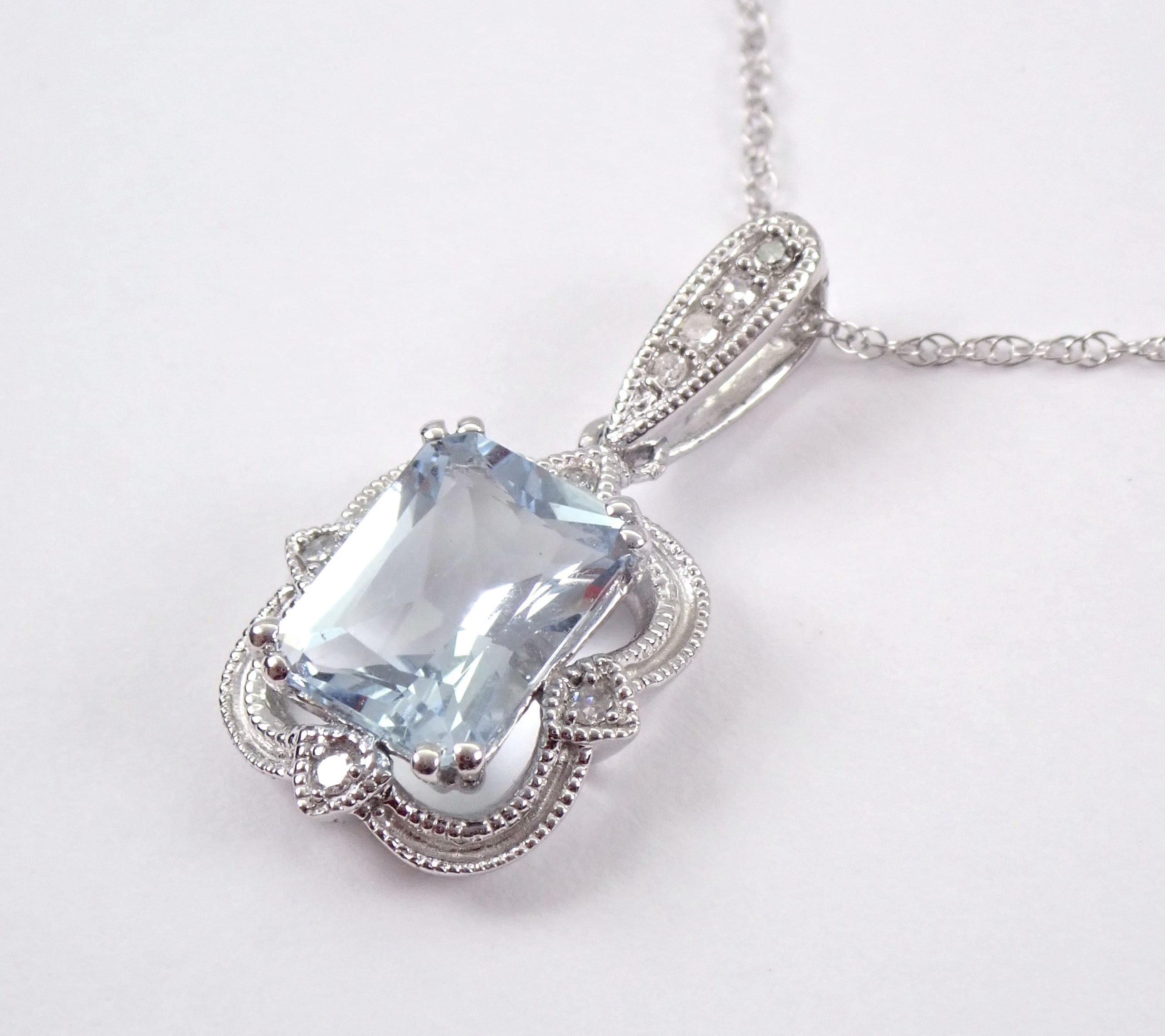 Antique Style 14K White Gold Diamond and Emerald Cut Aquamarine Pendant