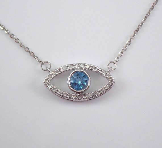 Evil Eye Protection Necklace, Diamond and Blue Topaz Evil Eye Pendant, Solid White Gold Chain Choker