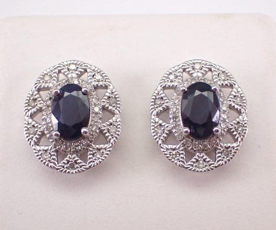White Gold Sapphire Stud Earrings, Diamond Halo Snowflake Studs, September Birthstone Fine Jewelry Gift