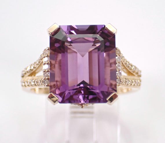 14K Yellow Gold Amethyst Ring - Large Gemstone Diamond Setting - February Birthstone Fine Jewelry Gift
