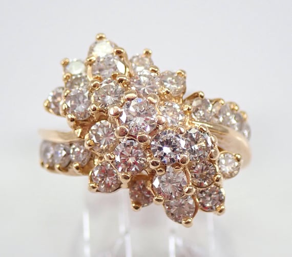 Vintage Diamond Cluster Anniversary Ring - 14K Yellow Gold Cocktail Right Hand Band - Unique Estate Bridal Promise Jewelry