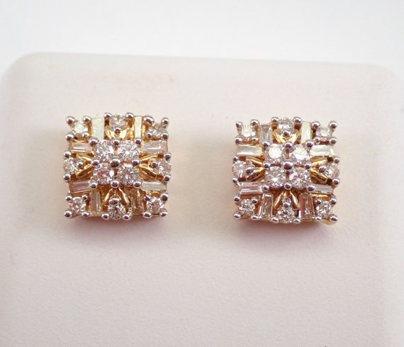 Diamond Cluster Stud Earrings - Solid Yellow Gold Studs - Square Shape Fine Jewelry Gift