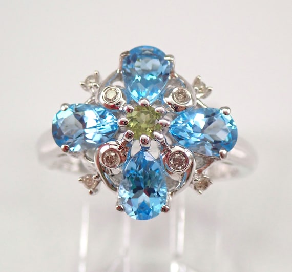 14K White Gold Blue Topaz Ring - Diamond and Peridot Cluster Band - Unique Gemstone Jewelry Gift