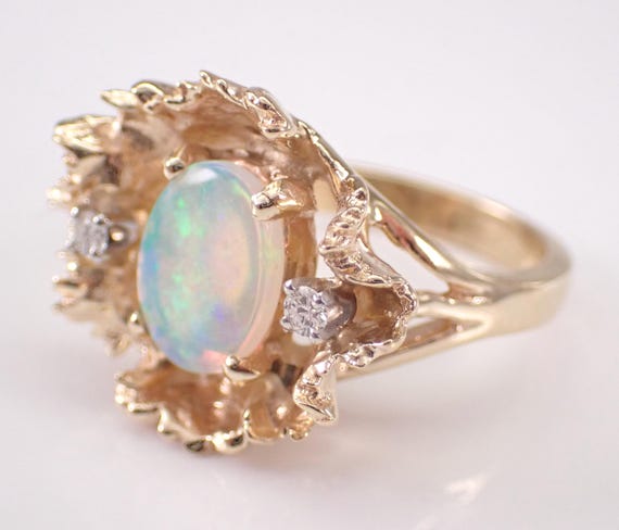 Vintage 14K Yellow Gold Opal and Diamond Ring: GalaxyGems Estate Fine Jewelry