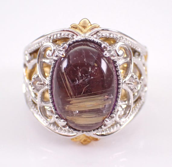 Sterling Silver Rutilated Amethyst Ring - Vintage Two Tone Chunky Gemstone Jewelry Gift