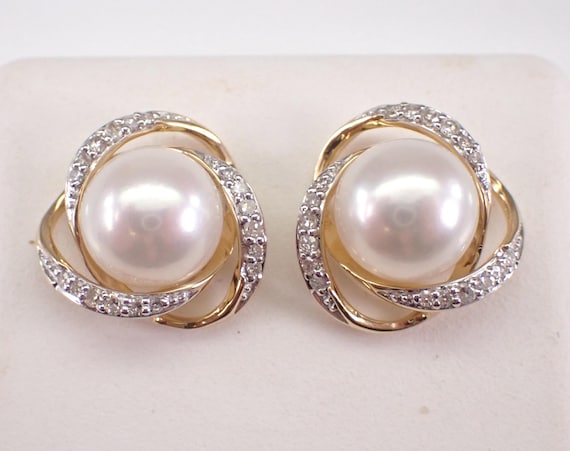 14K Yellow Gold Pearl and Diamond Earrings, Unique Halo Swirl Studs Setting