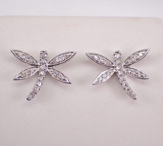White Gold Diamond Dragonfly Earrings: Dainty Dragon Fly Studs