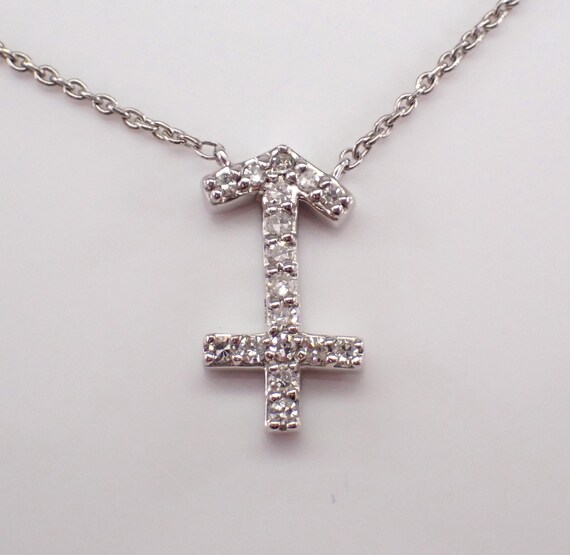 14K White Gold Sagittarius Sign Diamond Necklace: Zodiac Astrology Station Charm Pendant and Chain