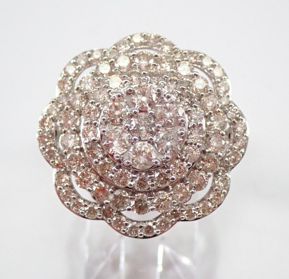 White Gold Diamond Cluster Ring - Unique Flower Cocktail Band - Large Anniversary Fine Jewelry Gift