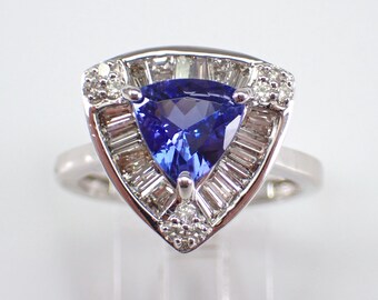 Trillion Tanzanite Engagement Ring - 14K White Gold Baguette Diamond Halo Setting - Purple Gemstone Right Hand Band