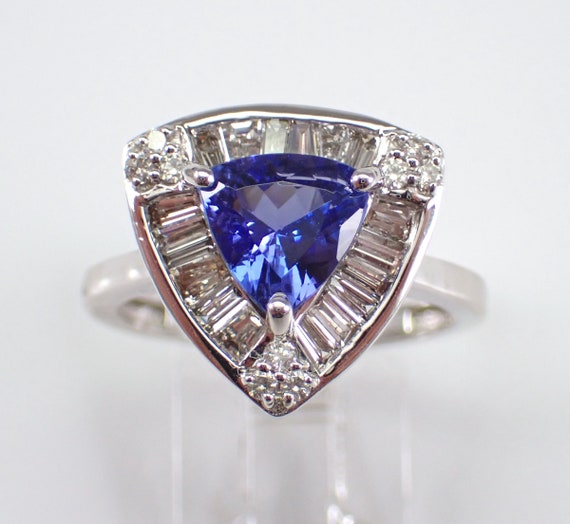 Trillion Tanzanite Engagement Ring - 14K White Gold Baguette Diamond Halo Setting - Purple Gemstone Right Hand Band
